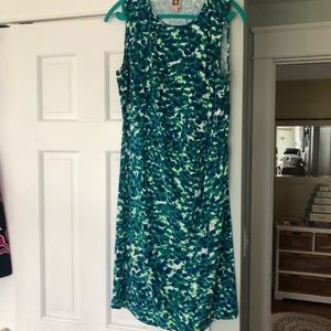 Summer comfort dress ruche waist, knee length, multi colored blue green white